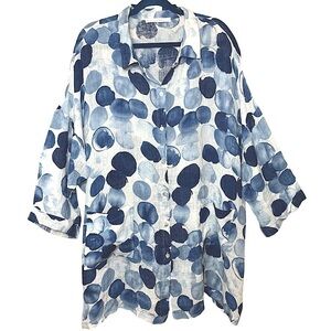 Ivy Lace Tunic Blouse Sz XL Blue White Gauzy Oversize Button Up Lagenlook Top